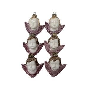 Vintage Ceramic Angel Head Christmas Ornaments Set of 6 Purple Wings Mid Century
